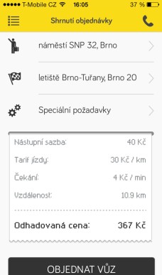 Shnutí objednávky taxi přes mobilní aplikaci